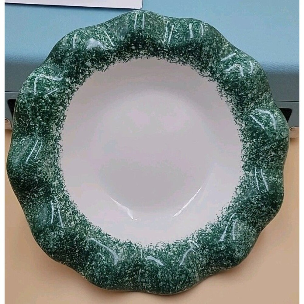 Ceramic Fringe Bowl 1997 Youngs Vintage Green And White